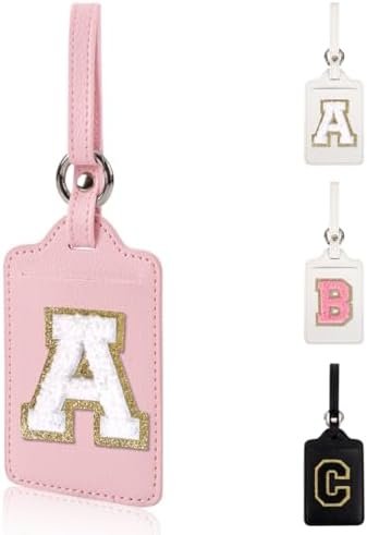 Personalized Initial Luggage Tags for Suitcases, Leather Chenille Letter Cute Luggage Tags with Privacy Name Card, Embroidered Travel Bag Backpack Tags Gifts for Women Kids Girls Teens(Pink-A)