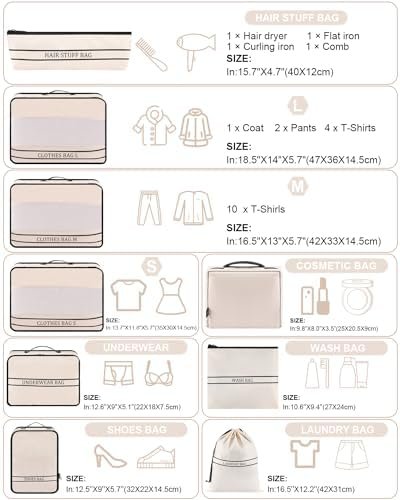 9 Set Packing Cubes Luggage Packing Organizers for Travel Accessories Space Saving Travel Bags for Carry On, Lightweight Mesh Zipper, Clothes, Shoes, Laundry and Shoe Bag, Suitcases (Cream) - Image 4