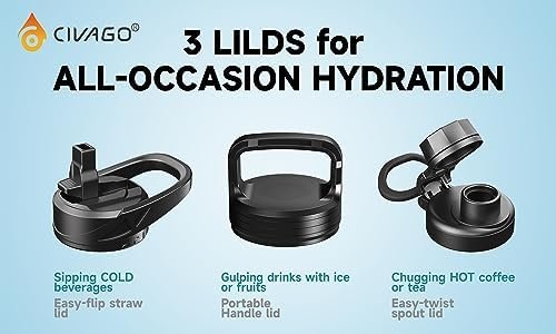 CIVAGO 32 oz Insulated Water Bottle With Straw, Stainless Steel Sports Water Cup Flask with 3 Lids (Straw, Spout and Handle Lid), Wide Mouth Travel Thermal Mug, Black - Image 2
