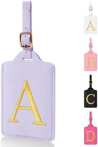 Personalized Initial Luggage Tags for Suitcases,Leather Letter Cute Luggage Tags with Privacy Name Card,Embroidered Monogrammed Travel Bag Backpack Tags Gifts for Women Kids Girls Teens(Purple-A)