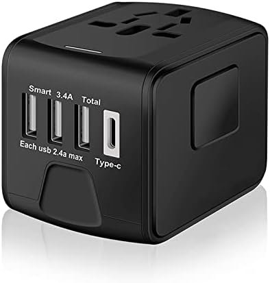 Universal International Travel Power Adapter W/High Speed 2.4A USB, 3.0A Type-C Wall Charger, European Adapter, Worldwide AC Outlet Plugs Adapters for Europe, UK, US, AU, Asia-Black