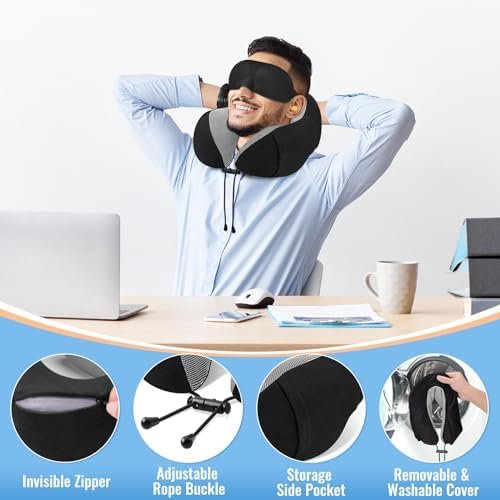 CloudBliss Travel Pillow Premium Memory Foam, Comfortable & Supportive Neck Pillow, Sleeping Neck Pillows for Travel, Airplane Pillow for Sleeping Airplane, Car, Office and Home(Black) - Image 4