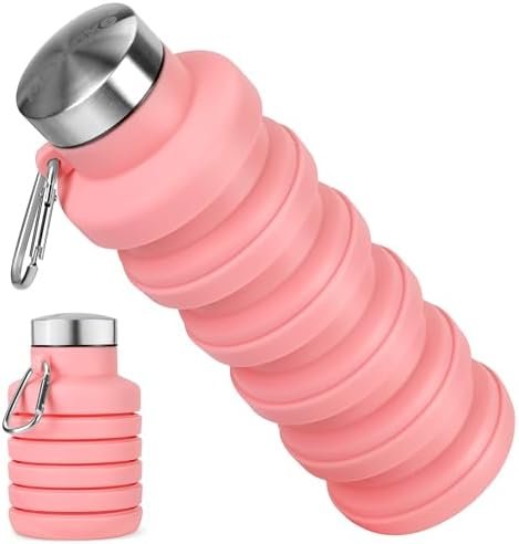 Collapsible Water Bottles, Reuseable BPA Free Silicone Foldable Water Bottle 16oz, Lightweight Leakproof Portable Travel Water Bottles for Traveling Camping Hiking Sports(Pink)
