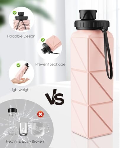 Collapsible Water Bottles, BPA-Free Leak-Proof Silicone Foldable Water Bottle Cup 20.6oz, Durable Lightweight Bottle for Gym Travel Camping Hiking Running Sport,Pink - Image 4