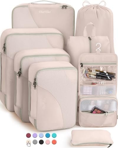 8/10 Sets Packing Cubes for Travel, Sturdy Suitcase Organizer in 4 Sizes (Extra Large, Large, Medium, Small), OlarHike Luggage Cubes with Toiletry Bag, Travel Essentials, Cruise Ship Gifts for Women