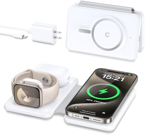 Magnetic Wireless Charger for iPhone: 3 in 1 Travel Charging Station for Apple Devices for iPhone 16 15 14 13 12 Pro Max Plus - Foldable Charging Pad for Apple Watch Series & Airpods 3 2 Pro