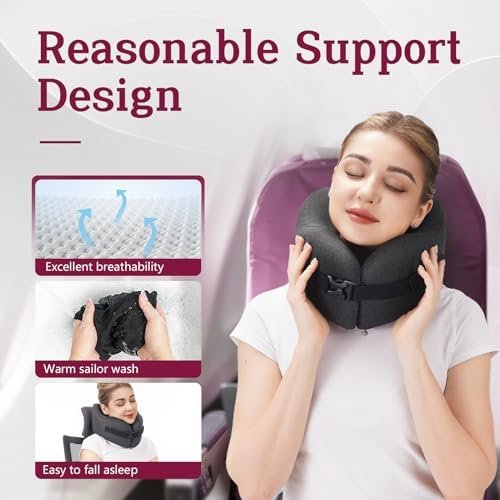 Travel Pillow Vac Compressed Memory Foam Neck Pillow Airplane,Soft and Compatible,Neck Support,Washable,Airplanes Travel Essentials Accessories for Office,Flight,Cars Breaks Sleeping(Black) - Image 4