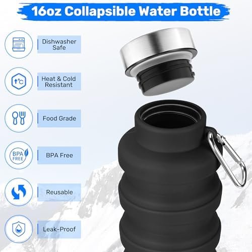 Collapsible Water Bottles, Reuseable BPA Free Silicone Foldable Water Bottle 16oz, Lightweight Leakproof Portable Travel Water Bottles for Traveling Camping Hiking Sports(Pink) - Image 2