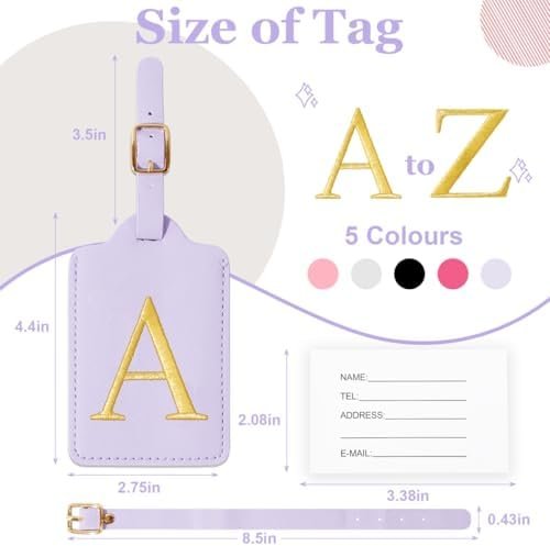 Personalized Initial Luggage Tags for Suitcases,Leather Letter Cute Luggage Tags with Privacy Name Card,Embroidered Monogrammed Travel Bag Backpack Tags Gifts for Women Kids Girls Teens(Purple-A) - Image 2