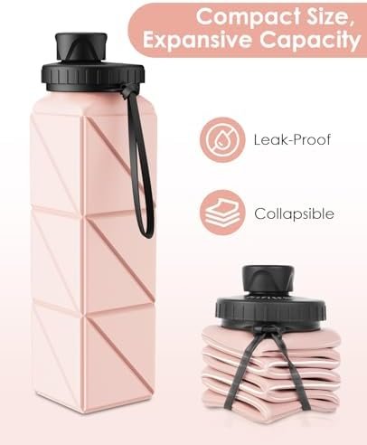Collapsible Water Bottles, BPA-Free Leak-Proof Silicone Foldable Water Bottle Cup 20.6oz, Durable Lightweight Bottle for Gym Travel Camping Hiking Running Sport,Pink - Image 2