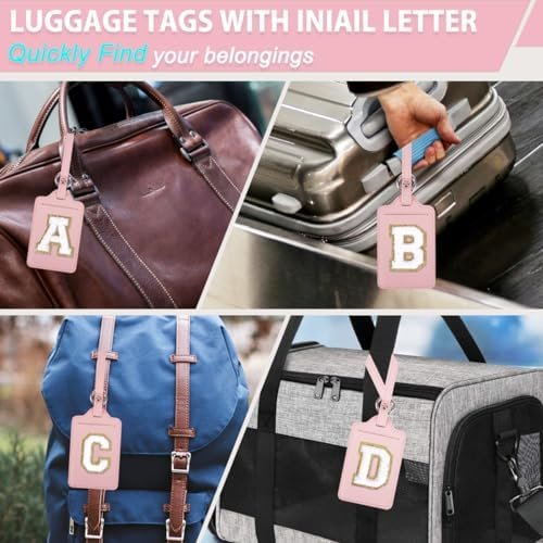Personalized Initial Luggage Tags for Suitcases, Leather Chenille Letter Cute Luggage Tags with Privacy Name Card, Embroidered Travel Bag Backpack Tags Gifts for Women Kids Girls Teens(Pink-A) - Image 6