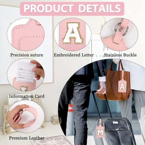 Personalized Initial Luggage Tags for Suitcases, Leather Chenille Letter Cute Luggage Tags with Privacy Name Card, Embroidered Travel Bag Backpack Tags Gifts for Women Kids Girls Teens(Pink-A) - Image 3