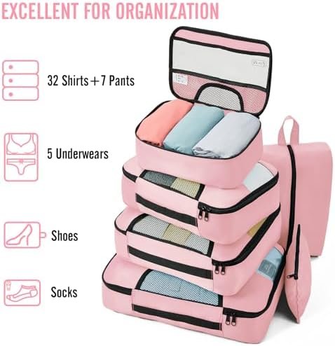 Veken 8 Set Packing Cubes for Suitcases, Travel Essentials for Carry on, Luggage Organizer Bags Set for Travel Accessories in 4 Sizes(Extra Large, Large, Medium, Small), Pink - Image 5
