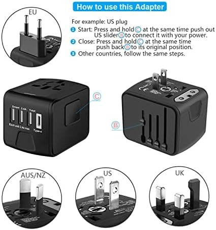 Universal International Travel Power Adapter W/High Speed 2.4A USB, 3.0A Type-C Wall Charger, European Adapter, Worldwide AC Outlet Plugs Adapters for Europe, UK, US, AU, Asia-Black - Image 3