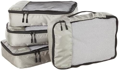 Amazon Basics Lightweight Packing Cubes for Travel, Packing Organizers, 4-Piece Set With Double Zipper Pulls and Mesh Top Panel, 100% Durable Polyester