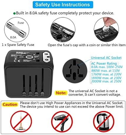 Universal International Travel Power Adapter W/High Speed 2.4A USB, 3.0A Type-C Wall Charger, European Adapter, Worldwide AC Outlet Plugs Adapters for Europe, UK, US, AU, Asia-Black - Image 5